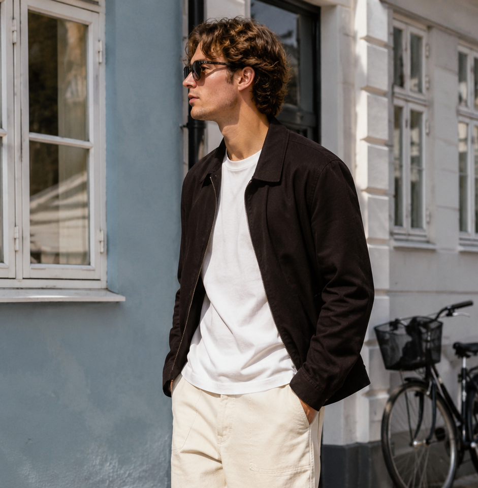 A man wearing a black overshirt, white t-shirt, cream-colored trousers, and white sneakers with black accents, standing on a cobblestone street in front of a blue wall.